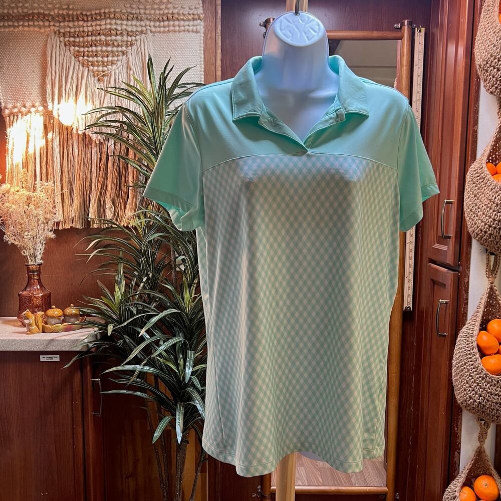 Nike Golf Dri-FIT Polo Shirt Womens L Mint Gingham Tour Performance Stretch Top